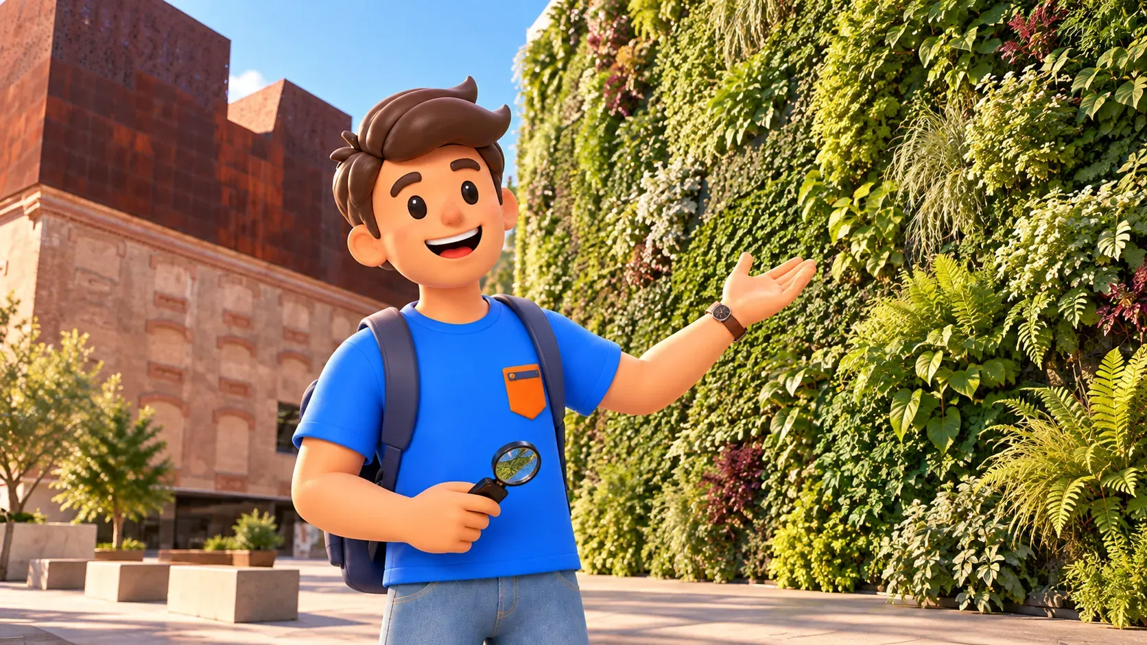 Illustration d’un voyageur avec une loupe de poche près du jardin vertical de CaixaForum