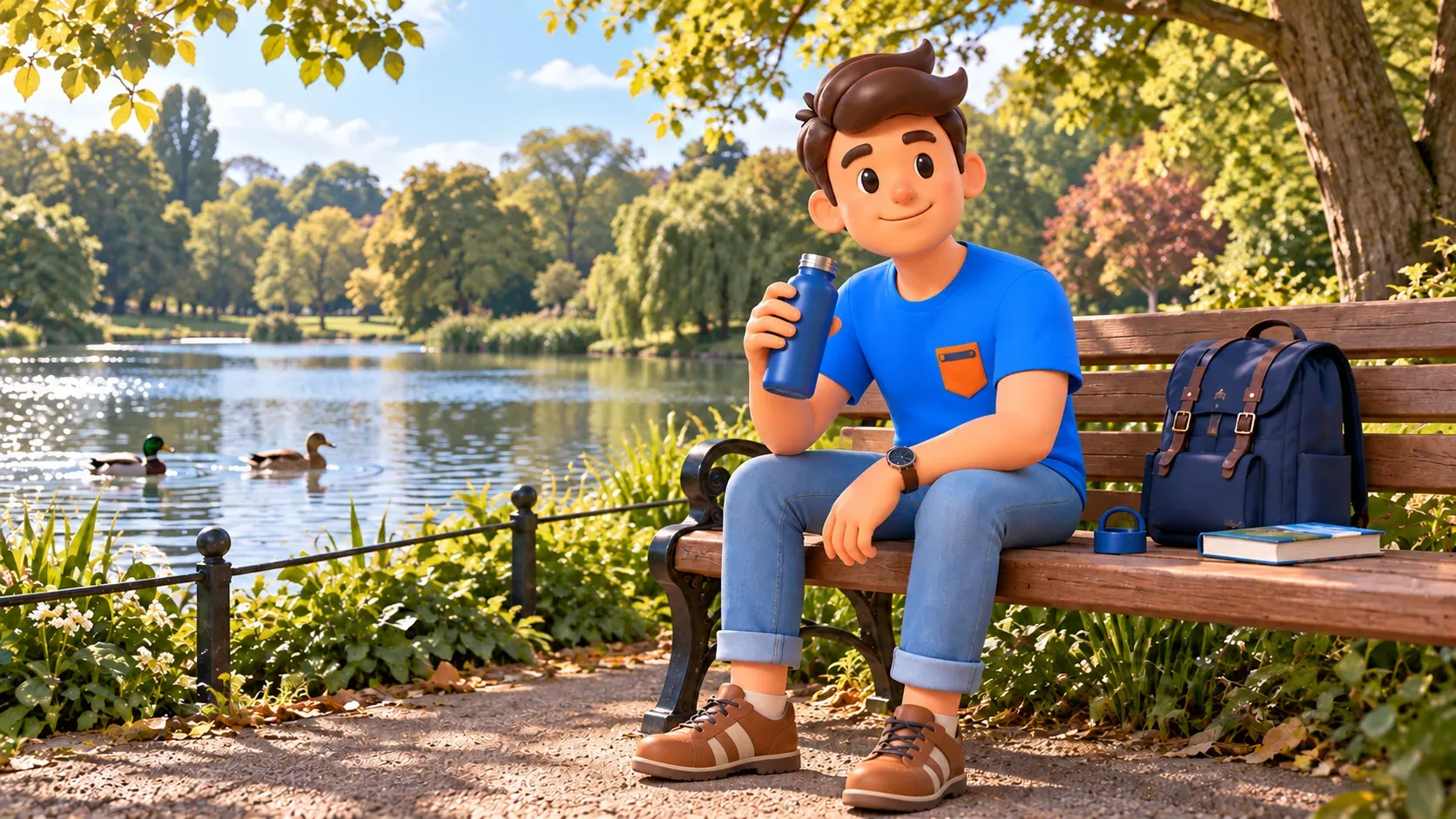 Illustration inspirée de St James’s Park : un voyageur avec une gourde se repose près d’un lac