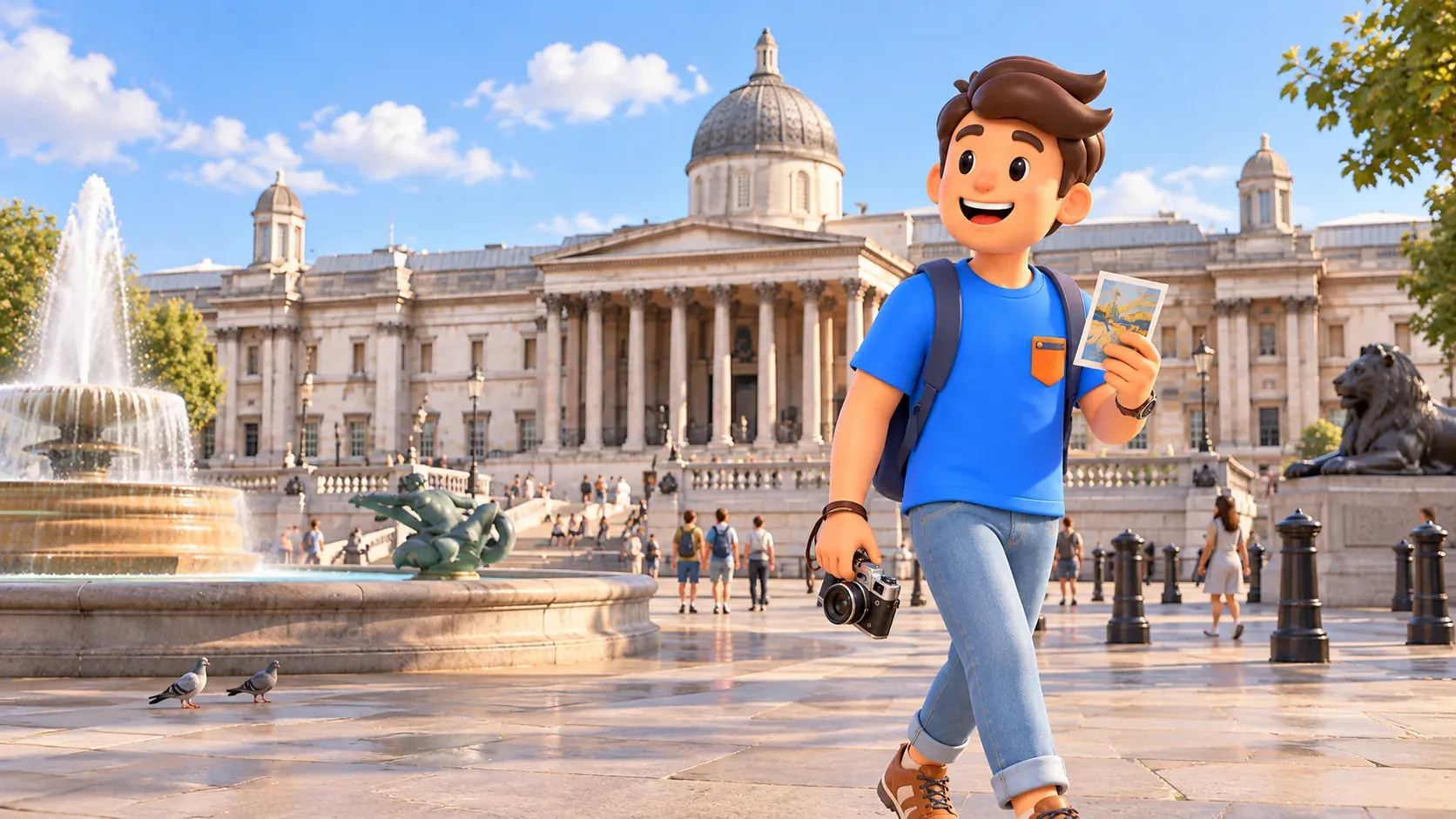 Illustration d’un voyageur avec une carte artistique et un appareil photo à Trafalgar Square devant la National Gallery