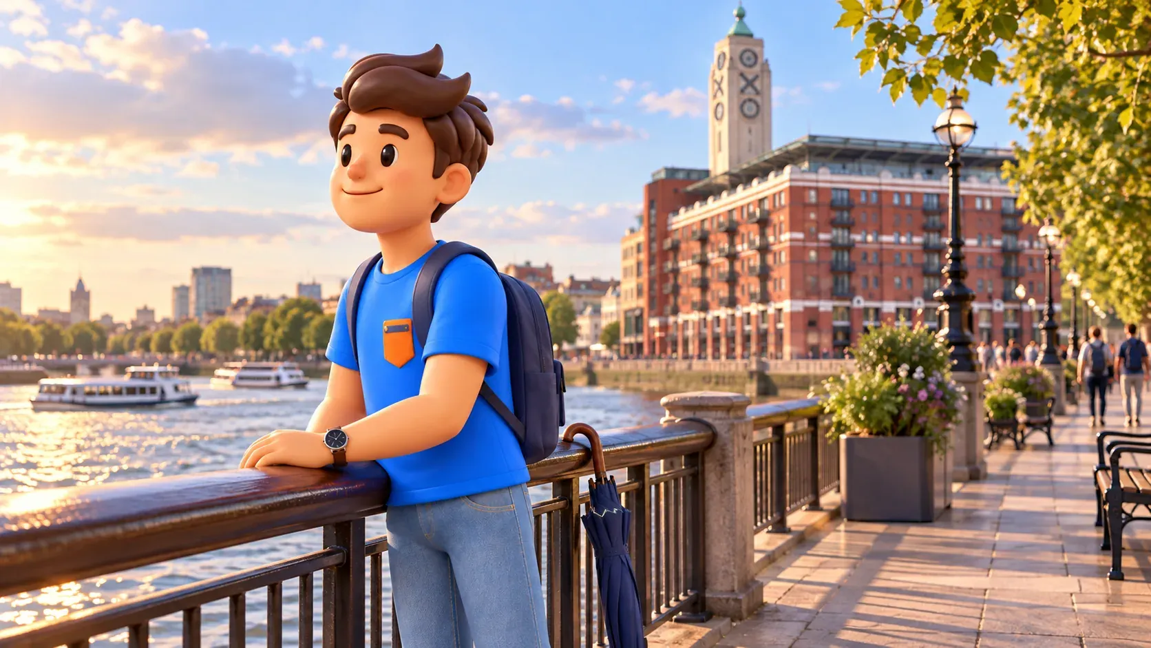 Illustration d’une fin de promenade : un voyageur près de la Tamise devant une architecture inspirée d’Oxo Tower