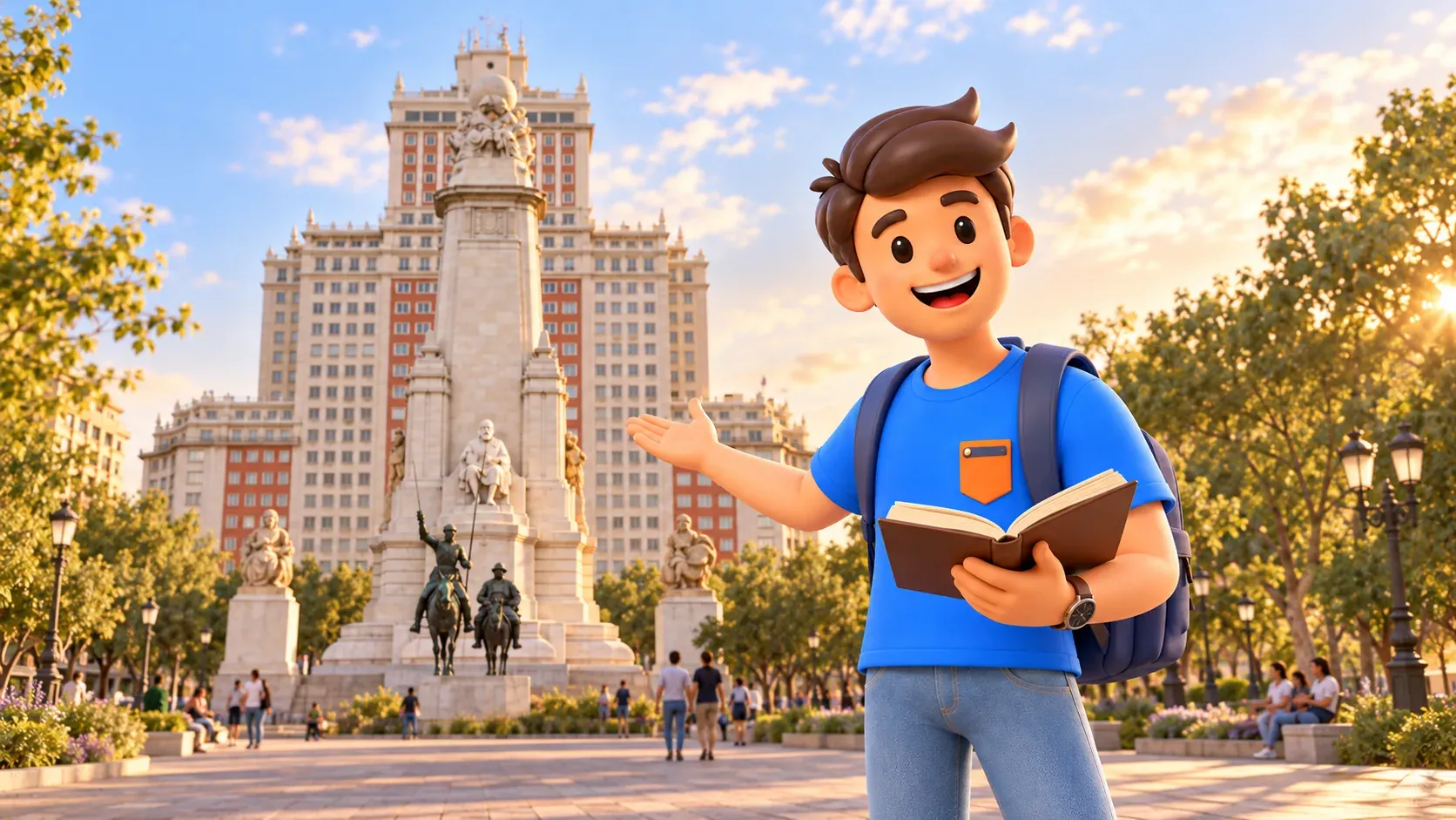 Illustration d’un voyageur avec un livre près du monument à Cervantes sur la Plaza de España