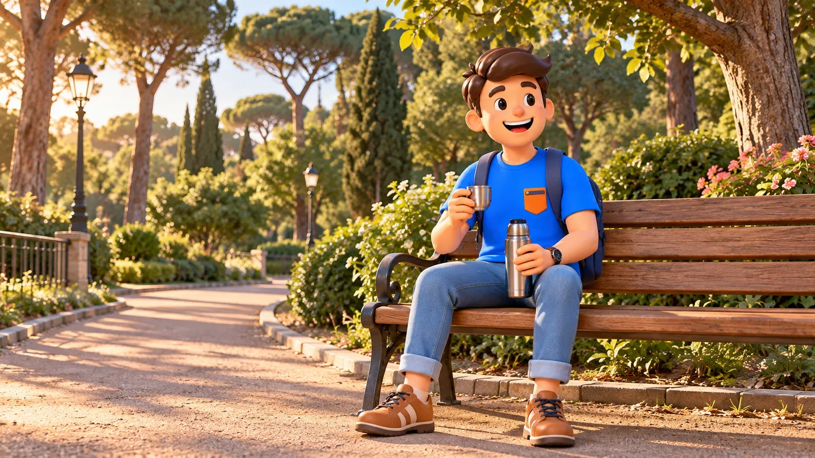 Illustration conceptuelle d’un voyageur avec un thermos sur un banc de parc paysager