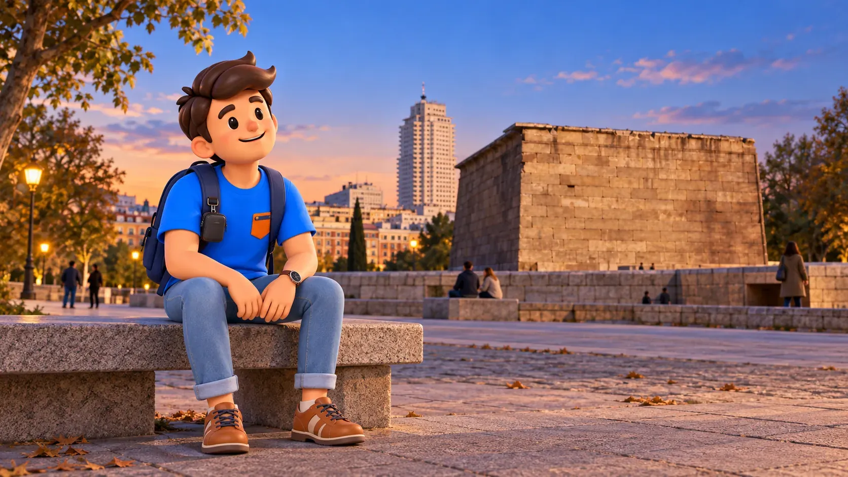 Illustration d’un voyageur faisant une pause du soir près du mur de pierre du temple de Debod