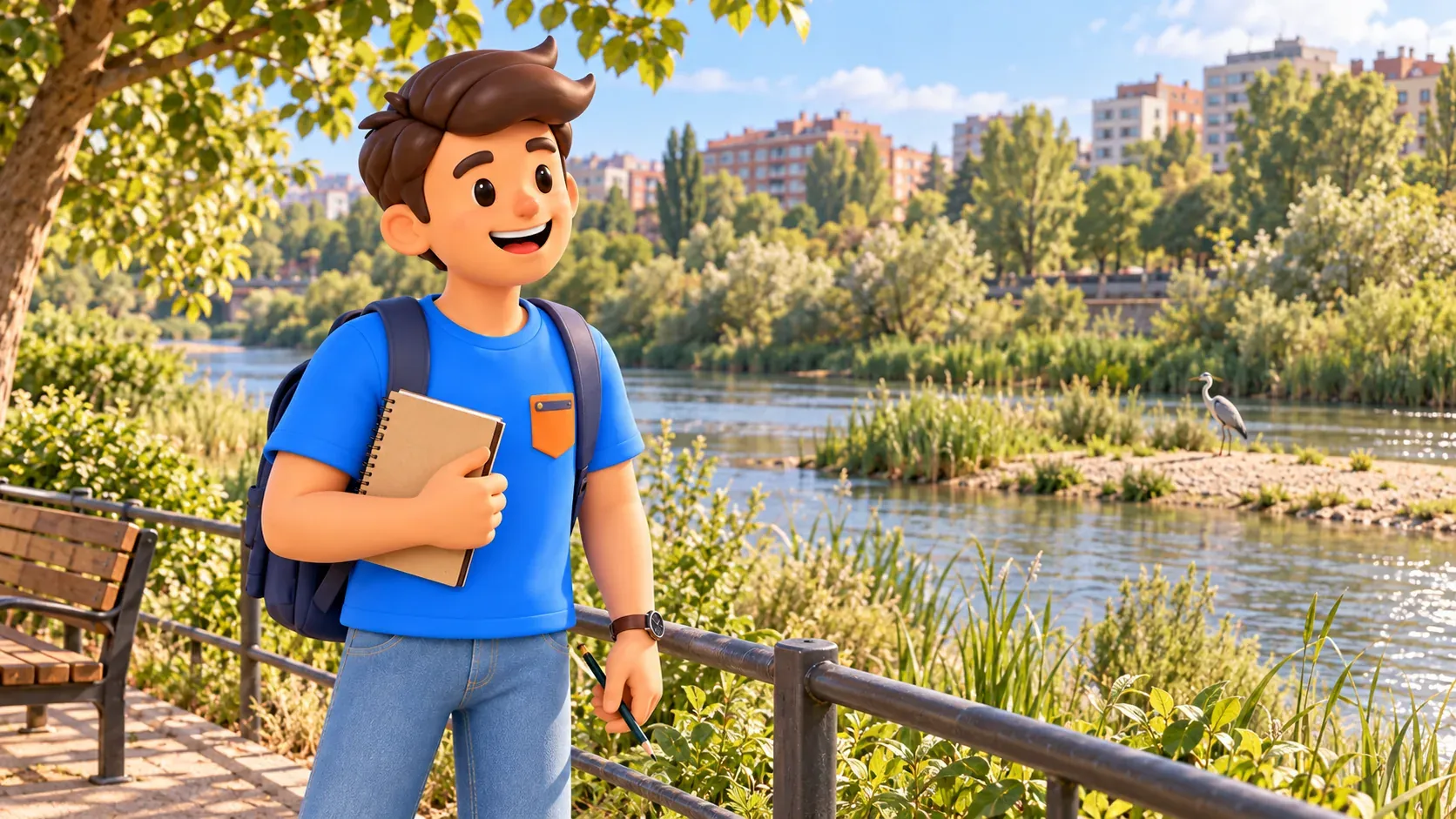 Conceptual illustration of a traveller with a notebook observing a bird on a river island