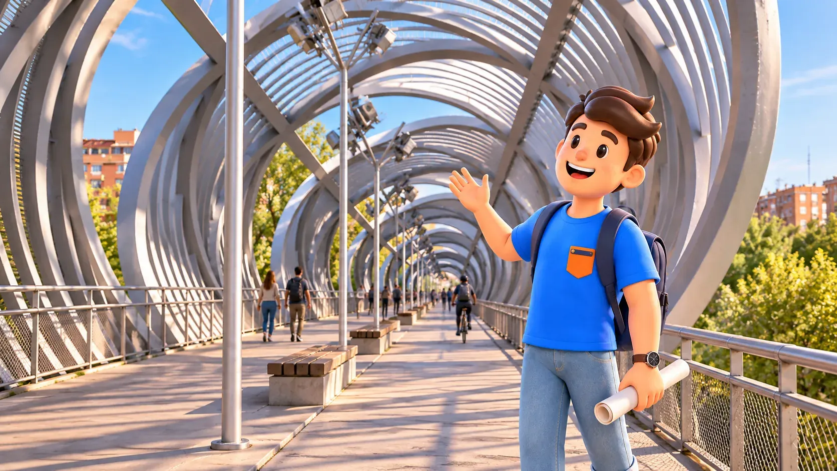 Illustration of a traveller holding a paper roll inside the metal Arganzuela footbridge
