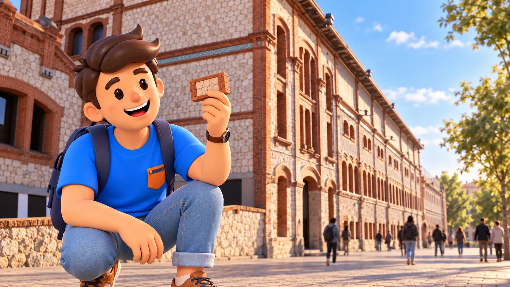 Illustration of a traveller holding a small masonry model beside Matadero’s brick-and-stone façade