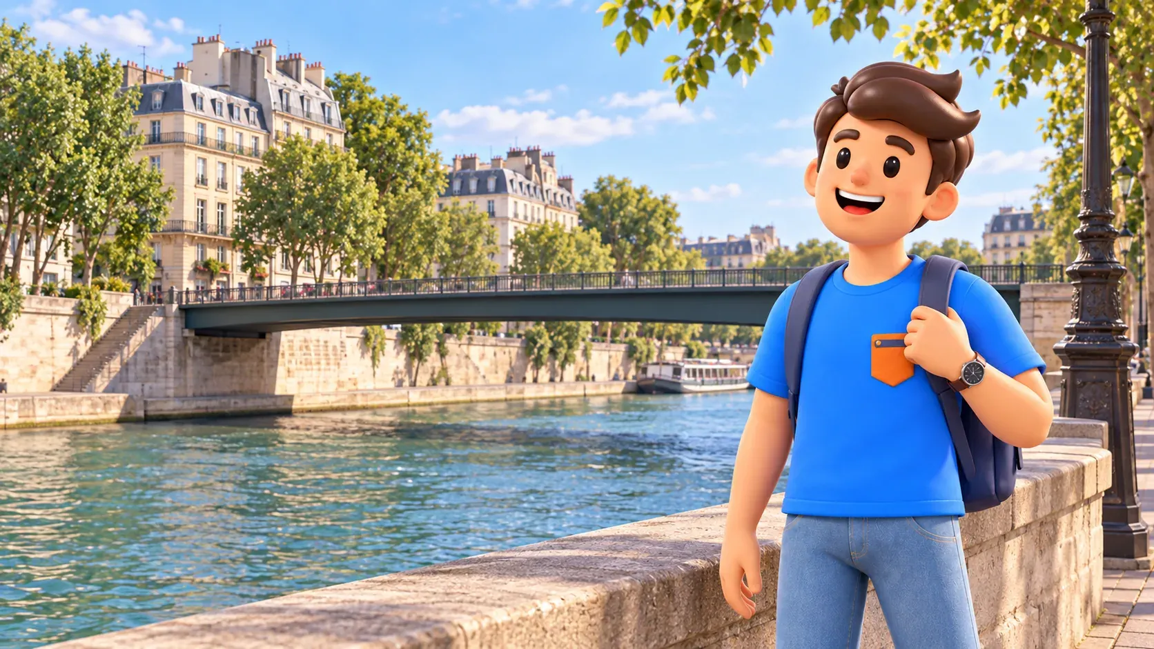Un viajero junto al Sena con el moderno Pont Saint-Louis al fondo