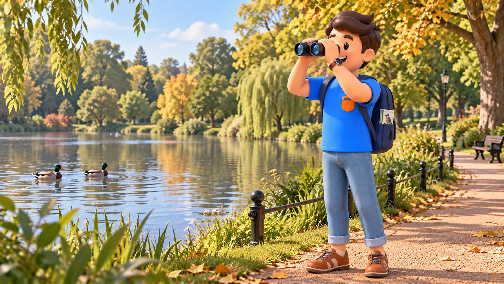 Thematic illustration inspired by St James’s Park: a traveller raises binoculars beside a lake