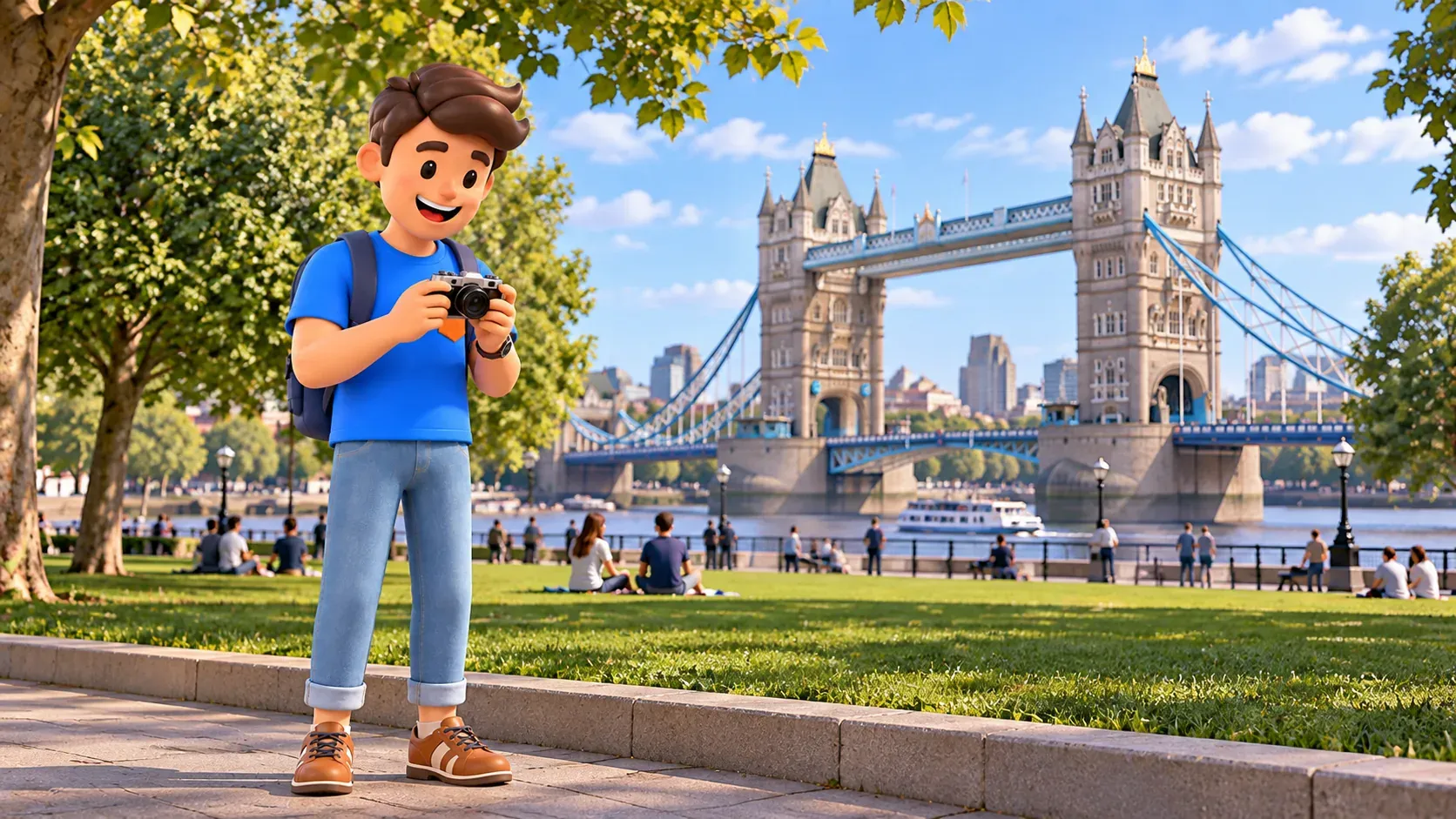 Illustration of a traveller with a camera in a south-bank park by Tower Bridge