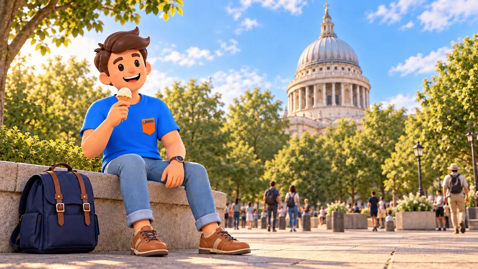 Thematic illustration of a walking break: a traveller with an ice cream and St Paul’s dome behind trees
