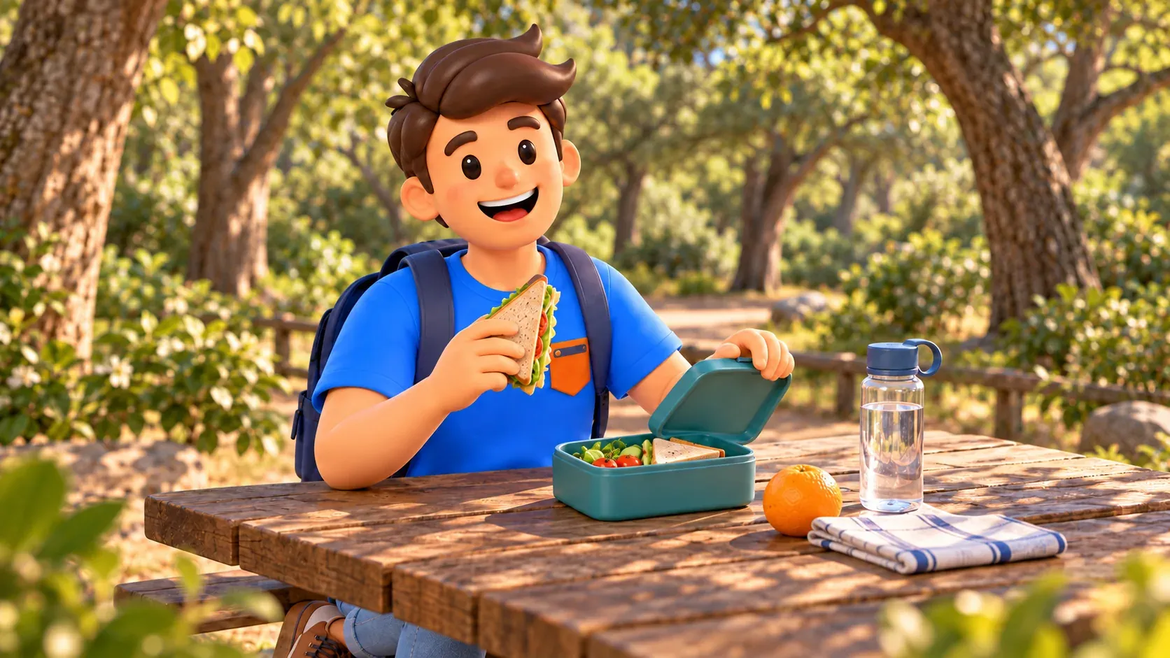 Ilustración conceptual de una pausa con bocadillo y fiambrera en una mesa de parque