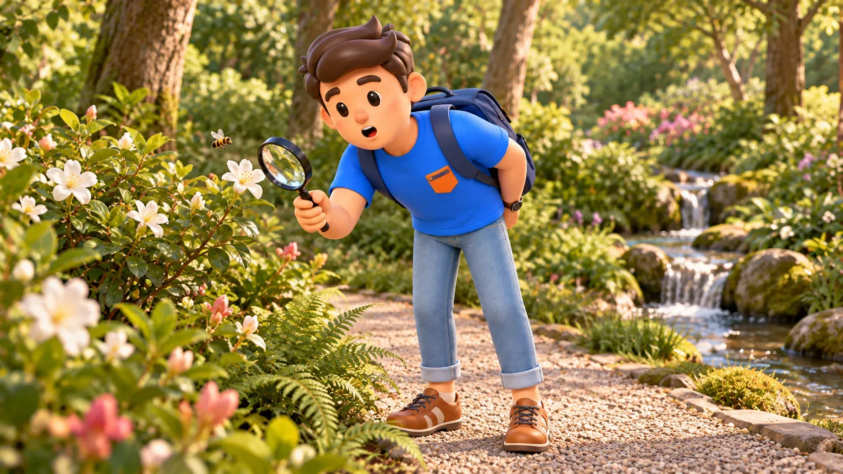 Symbolische Illustration eines Reisenden mit Lupe bei Blüte und Biene neben einem Gartenweg