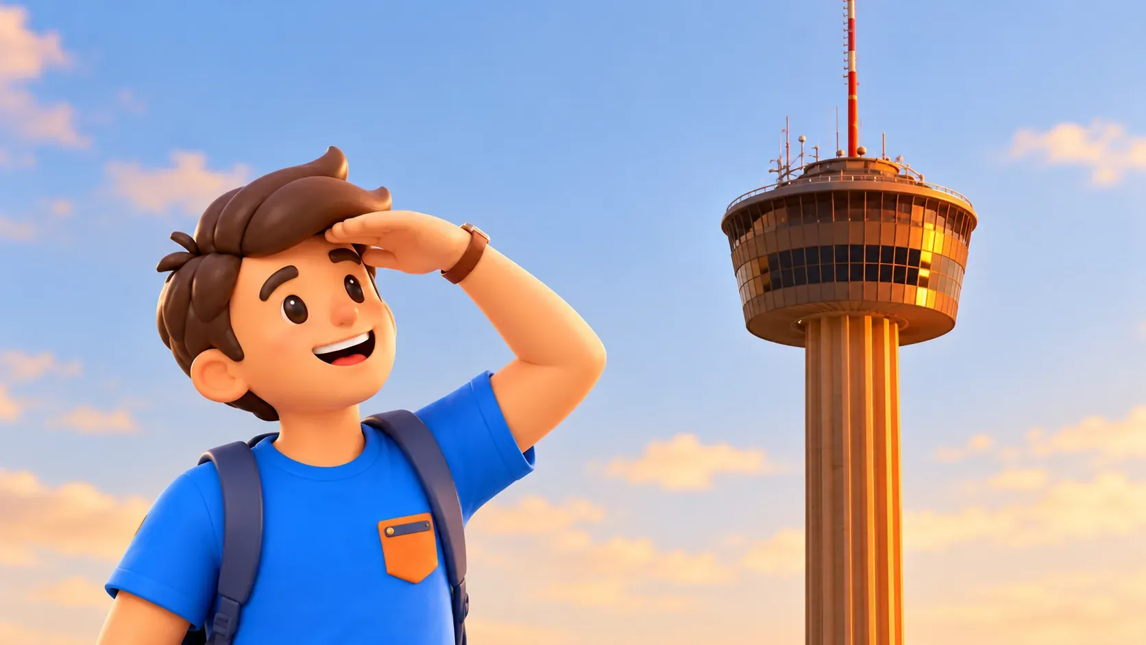 Путешественник смотрит на верхнюю часть настоящей Tower of the Americas