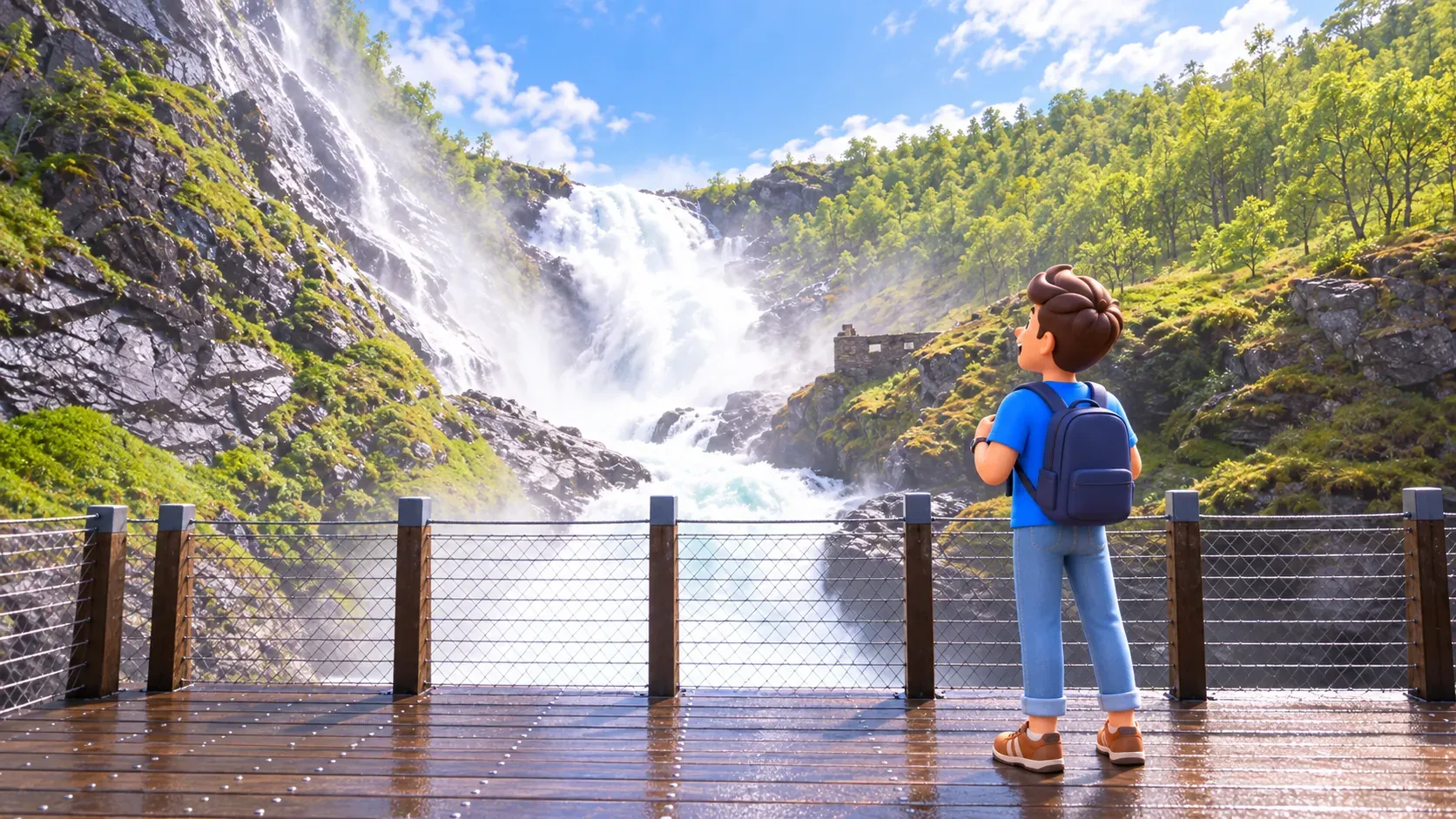 Персонаж смотрит на Кьосфоссен с настоящей деревянной площадки за защитным ограждением