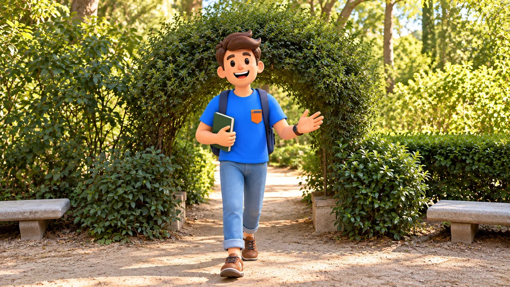 Illustration d’un voyageur avec un livre près d’une arche végétale de la Quinta de los Molinos