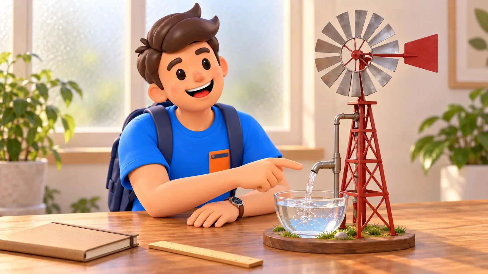 Illustration conceptuelle d’un voyageur avec une maquette pédagogique de pompe éolienne, sans objet de musée réel