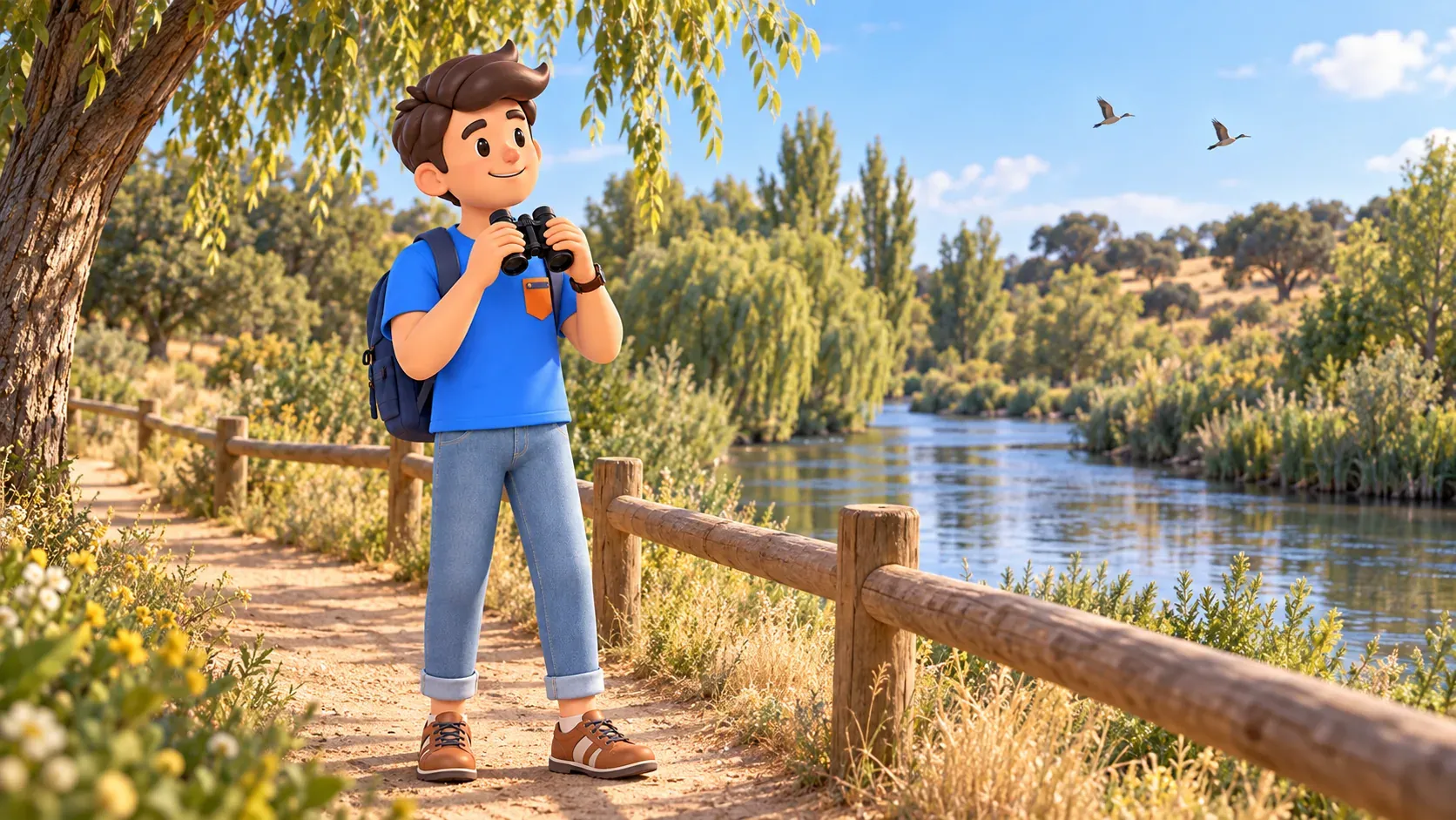 Symbolische Illustration eines Reisenden mit Fernglas am Flussweg, keine genaue Ansicht des Manzanares