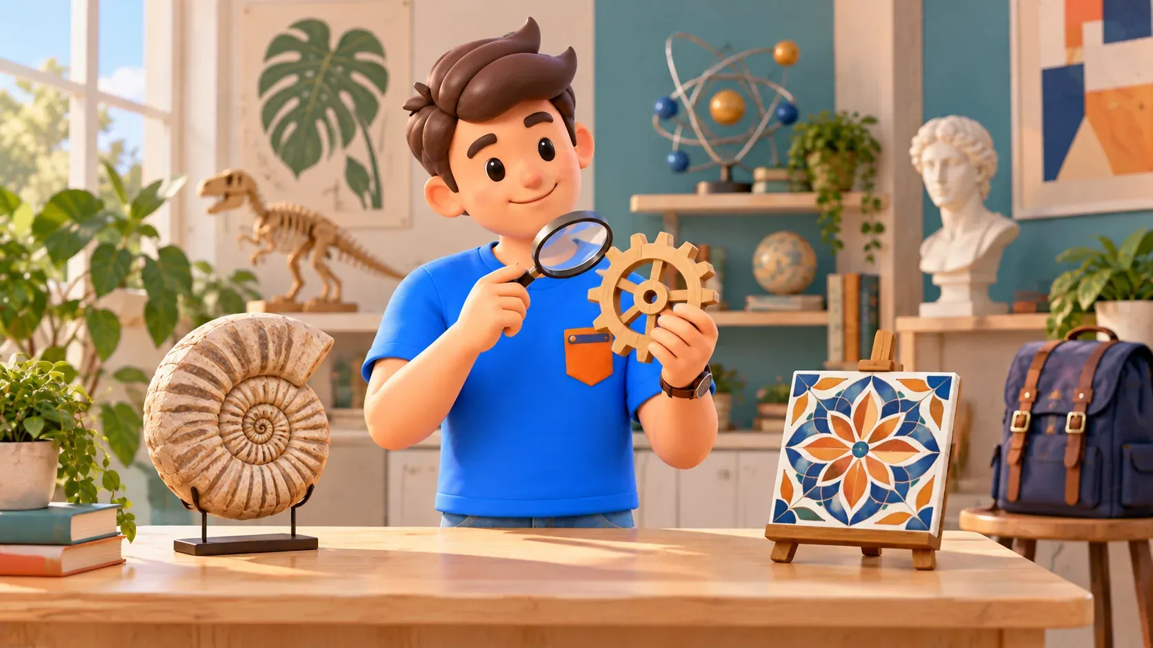 Ilustración sobre elegir un museo en un estudio educativo imaginario con modelos y réplicas