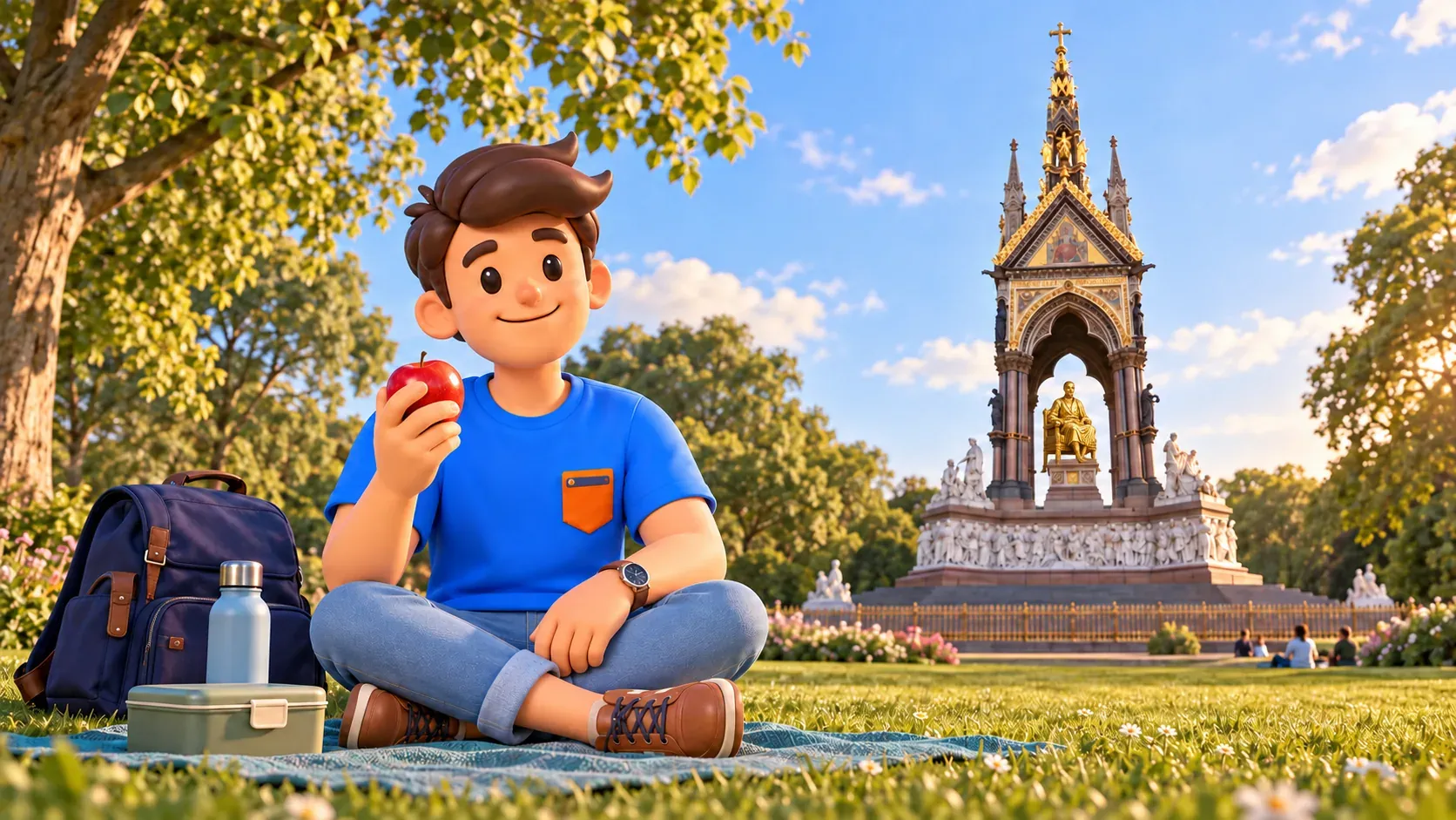 Ilustración inspirada en Kensington Gardens: un viajero descansa con una manzana y el Albert Memorial al fondo