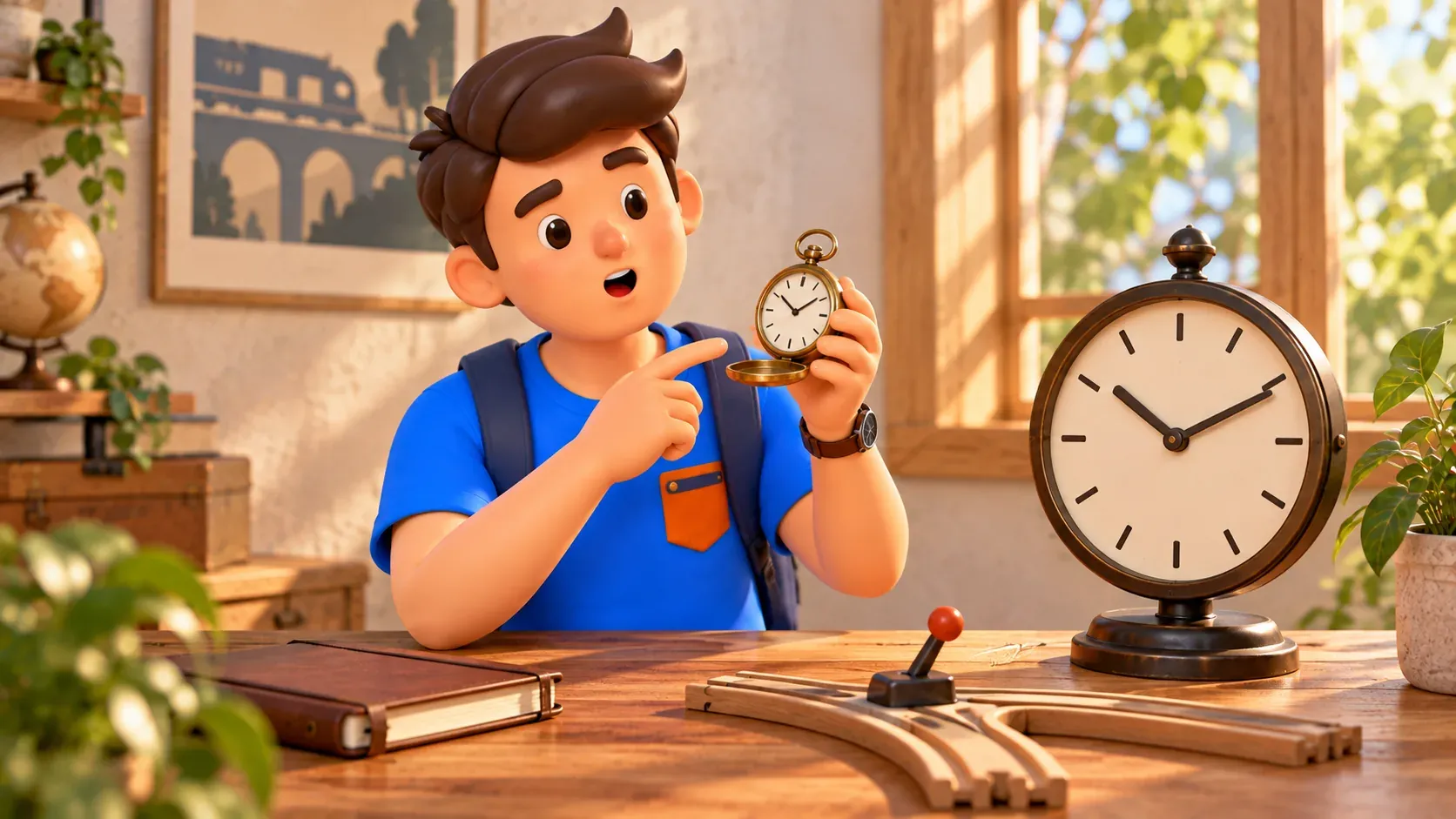 Illustration conceptuelle avec montre de poche et aiguillage-jouet, sans objets réels du musée
