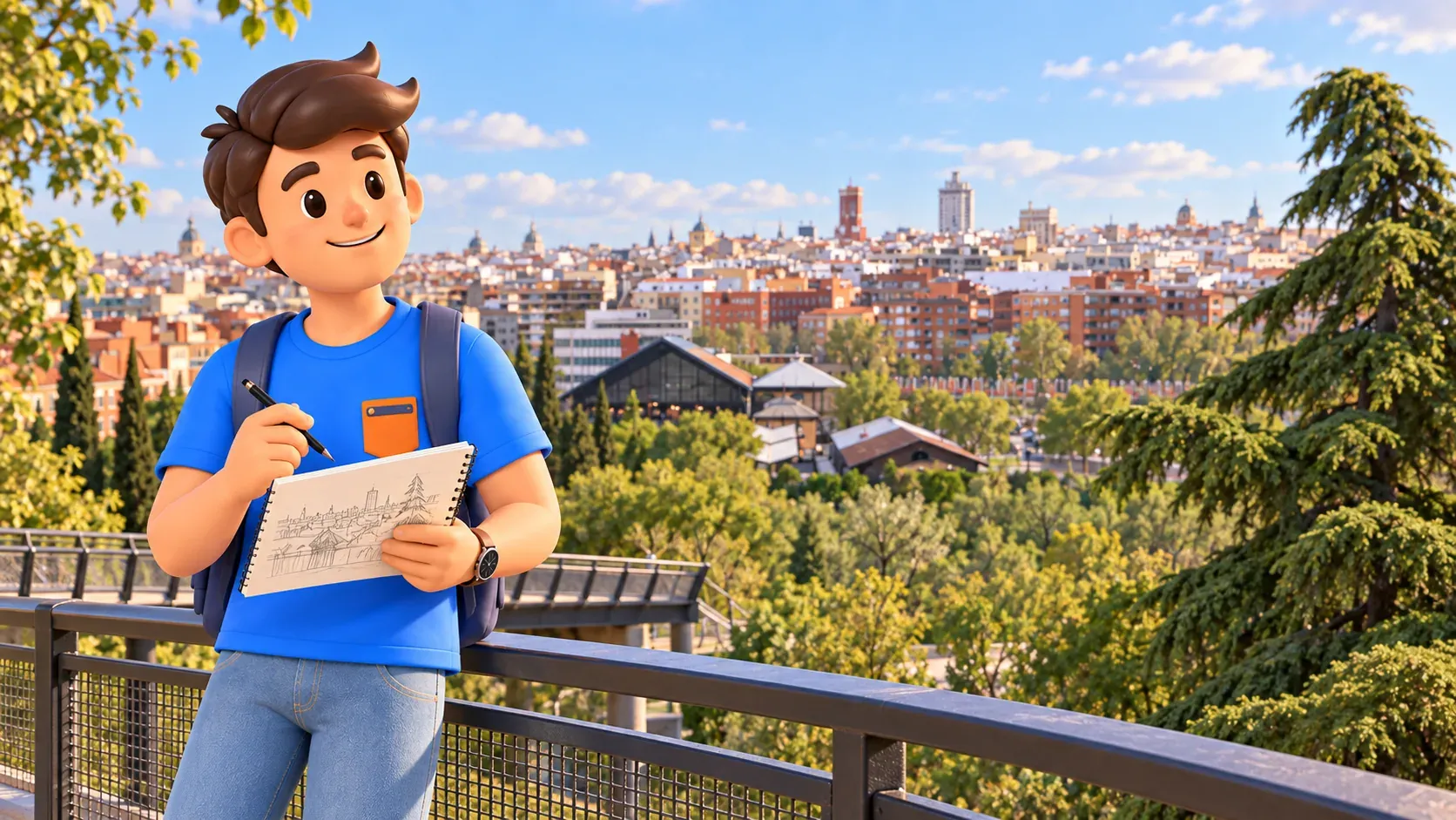 Illustration of a traveller with a sketchbook and the city panorama from Tierno Galván Park