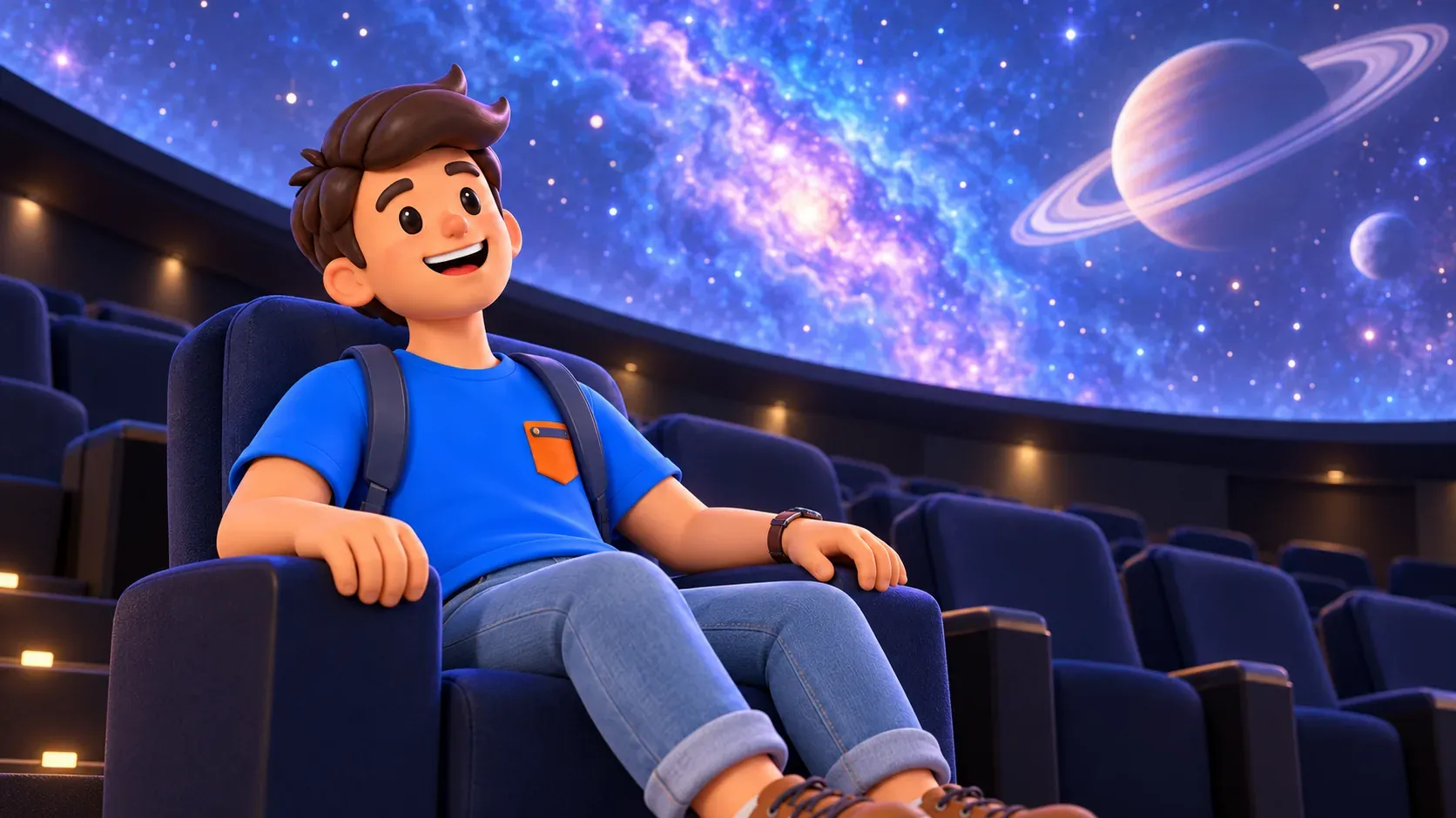 Conceptual illustration of an indoor astronomy projection, not the exact room, film or real sky