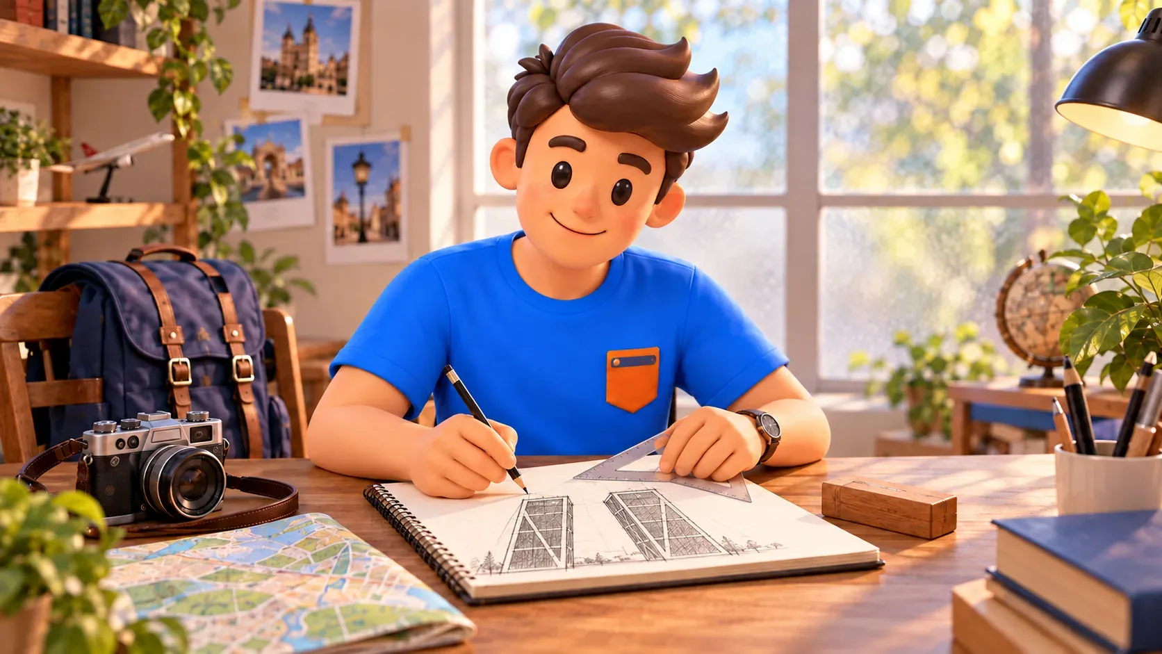 Scène conceptuelle d’un voyageur dessinant des tours de verre inclinées avec crayon et équerre