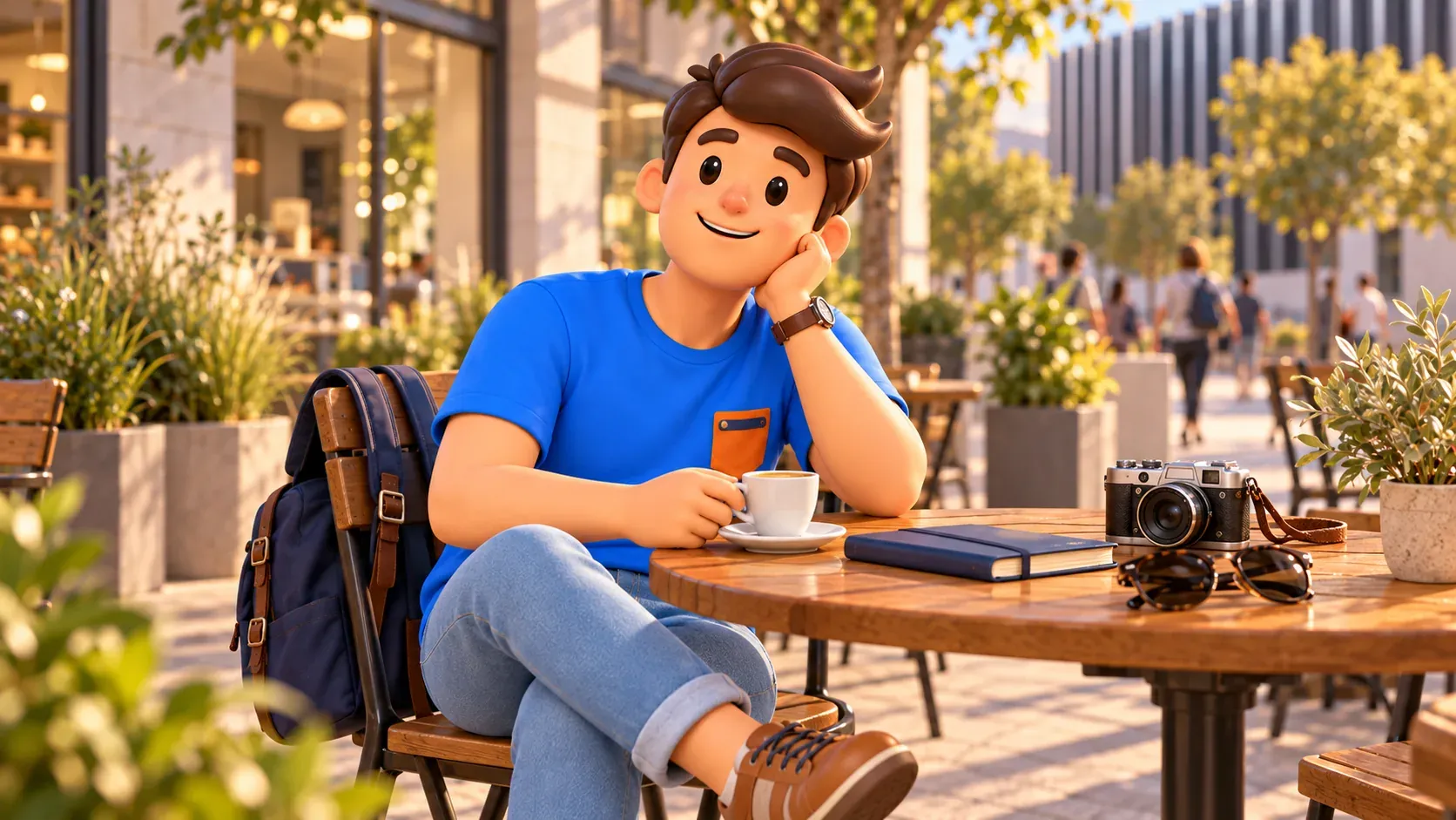 Pause-café conceptuelle dans un quartier moderne, sans représenter un café ou une terrasse précise de Caleido