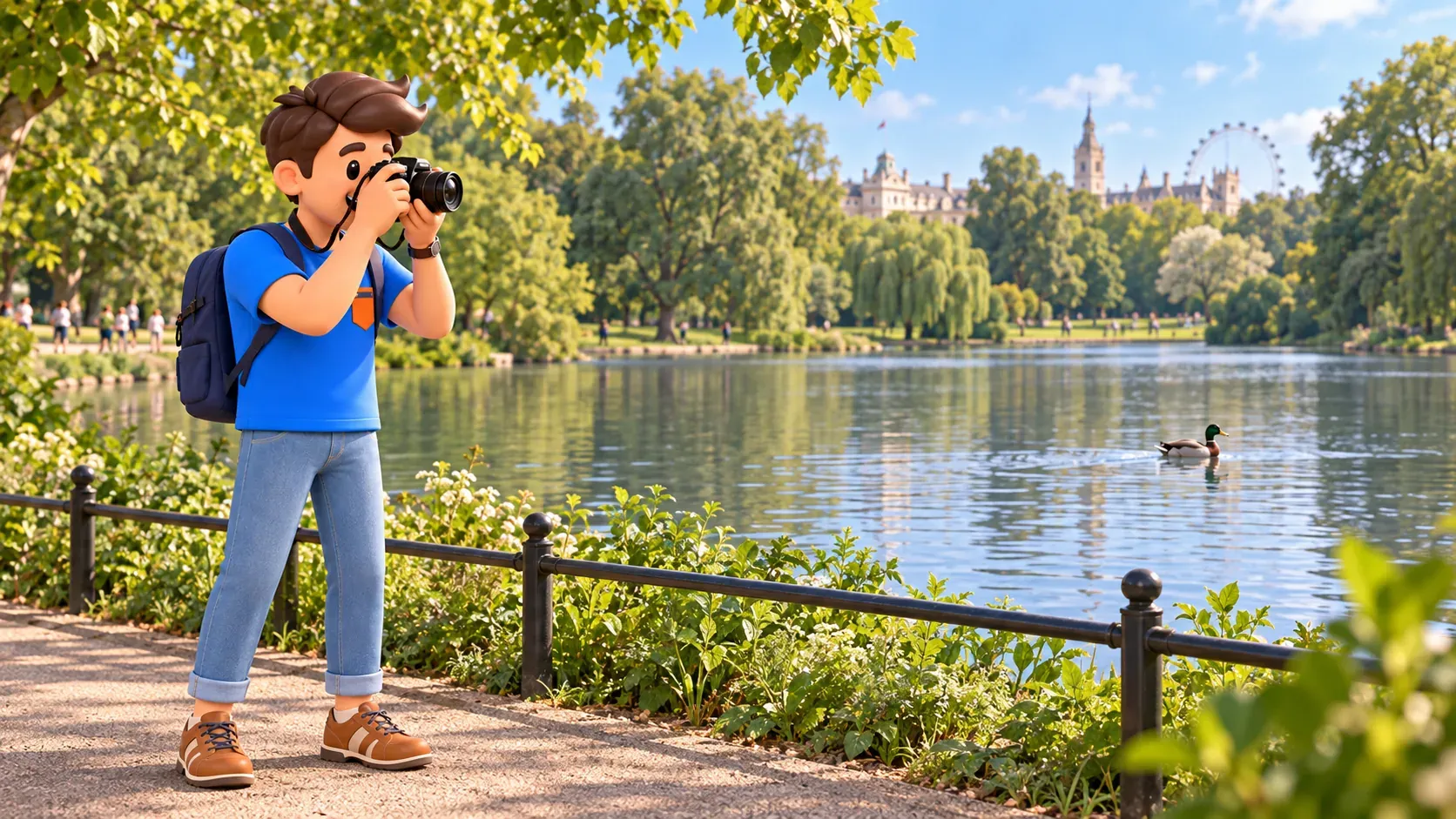 Ilustración temática de un viajero fotografiando junto a un lago en un paisaje inspirado en St James’s Park