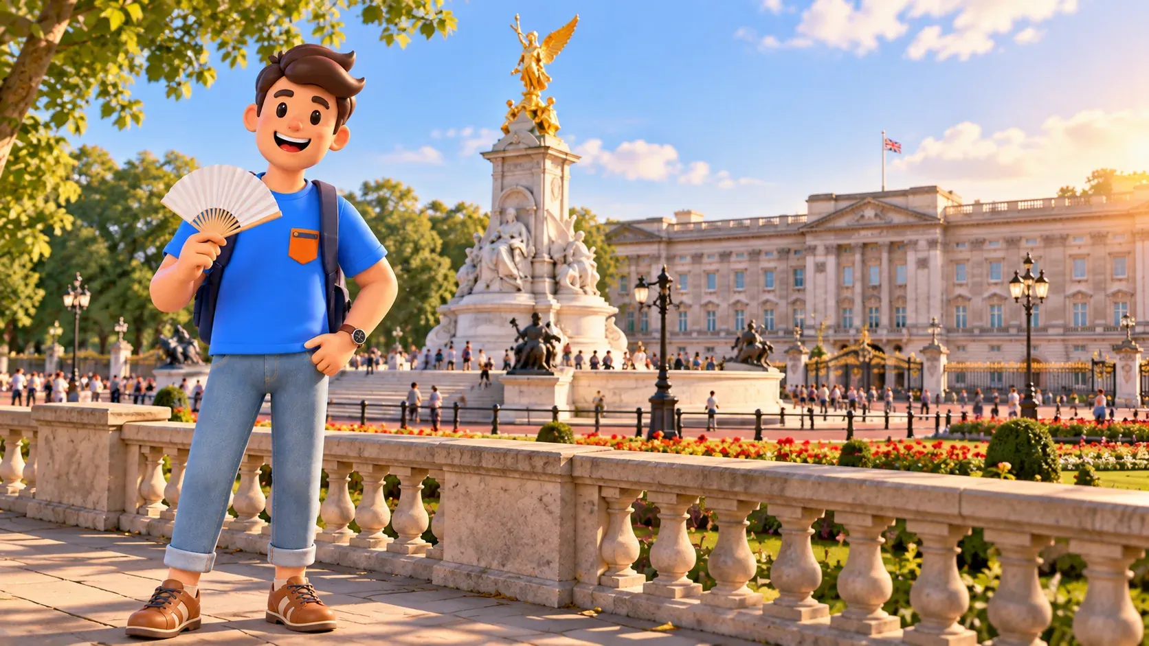 Ilustración de un viajero con abanico de papel ante el Victoria Memorial y Buckingham Palace