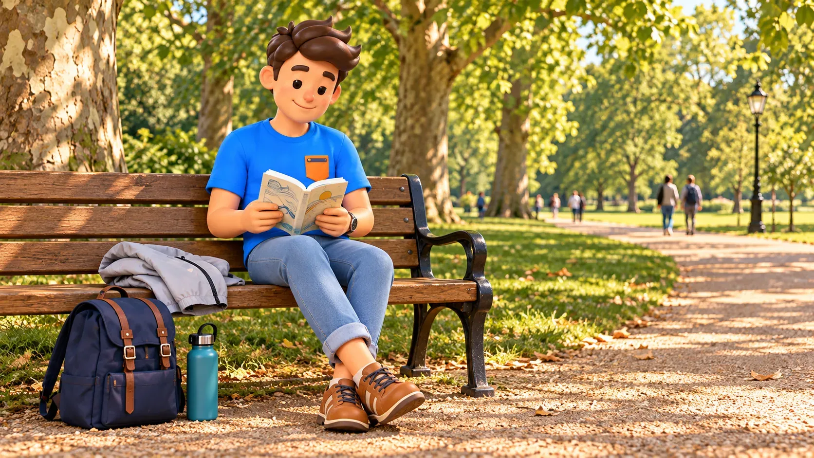 Ilustración temática de un viajero leyendo en un banco en un entorno inspirado en Green Park