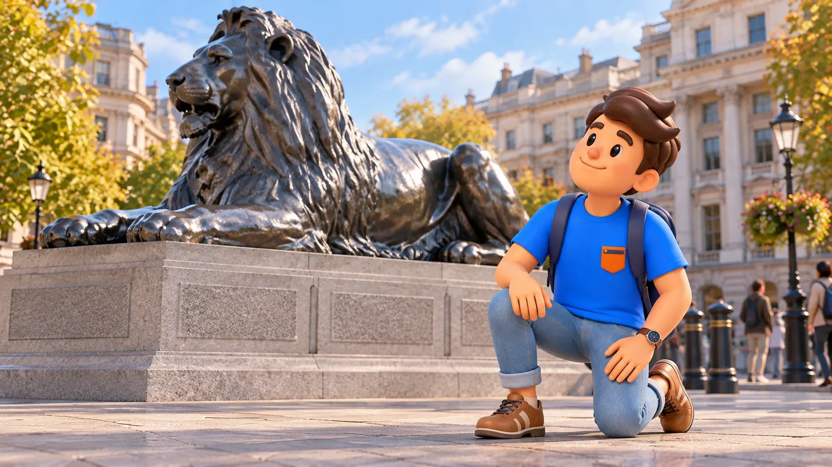 Illustration of a traveller looking at a Trafalgar Square bronze lion sculpture