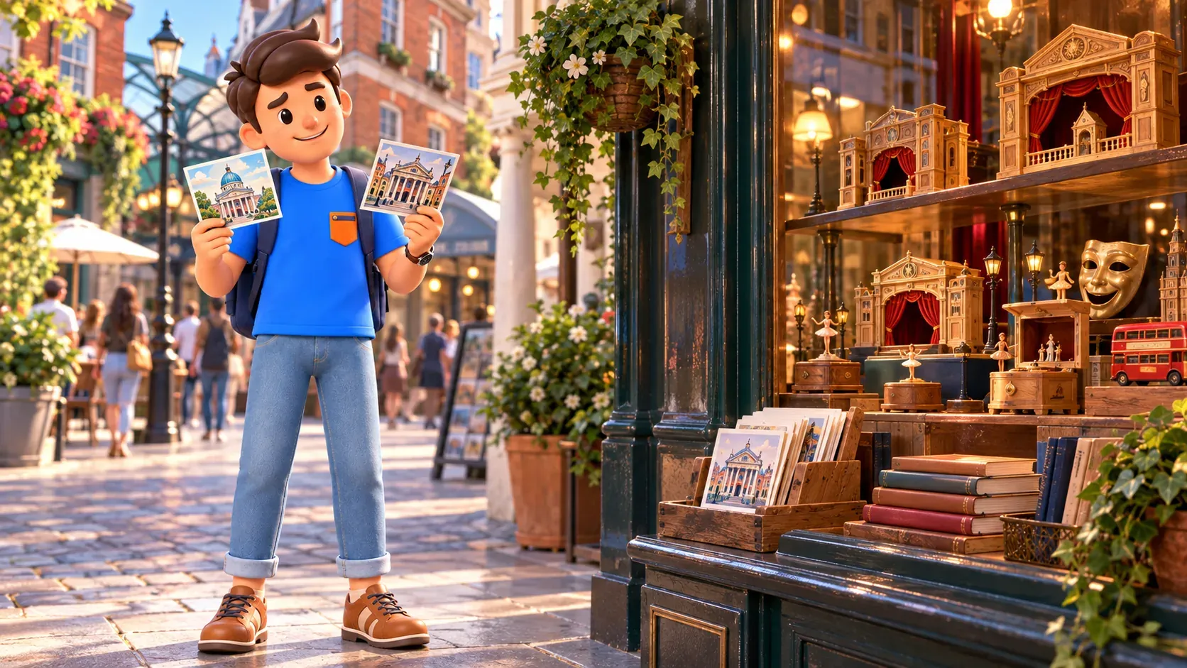 Thematic illustration of a traveller choosing postcards beside an imagined shopwindow inspired by Covent Garden’s theatre streets