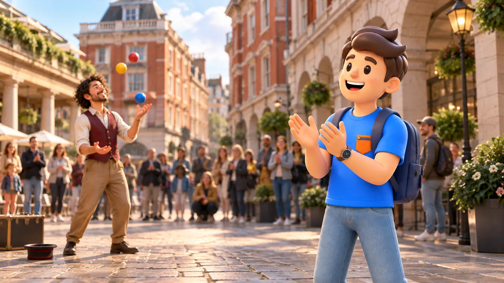 Thematic illustration of a traveller applauding in an imagined street-performance scene inspired by Covent Garden