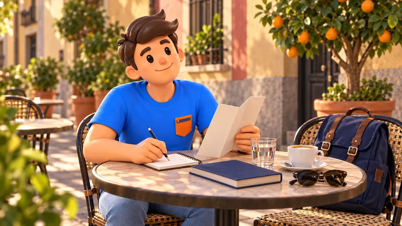Escena conceptual de notas tras una visita al museo en un café exterior, sin establecimiento concreto