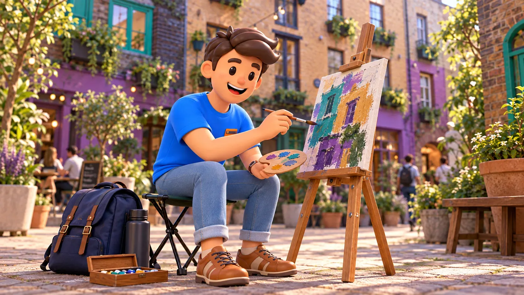 Thematic illustration of a traveller painting in an imagined scene inspired by Neal’s Yard