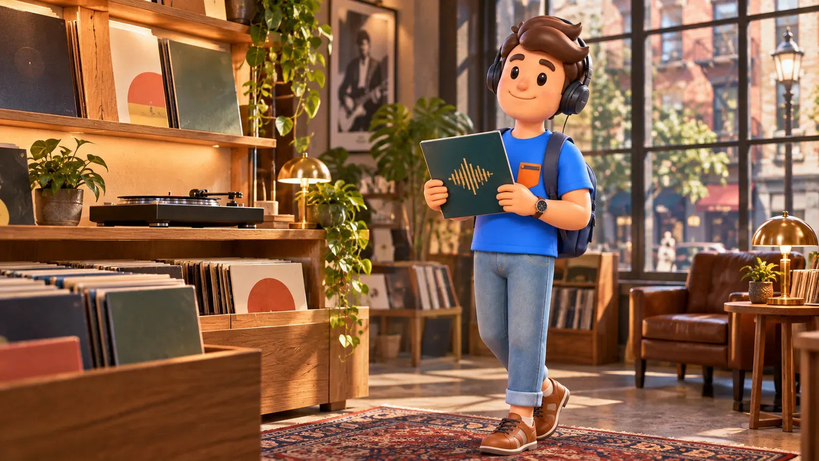 Thematic illustration of Soho’s musical culture: a traveller with a record in an imagined shop