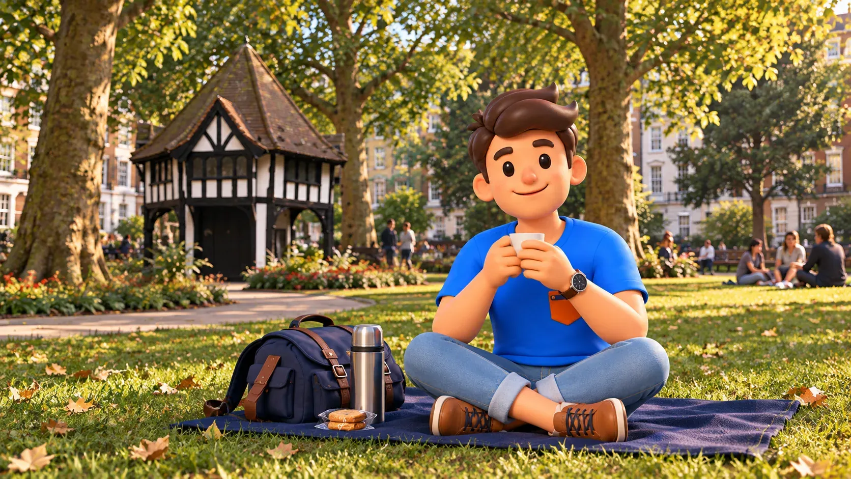 Thematic illustration of a tea break in a setting inspired by Soho Square