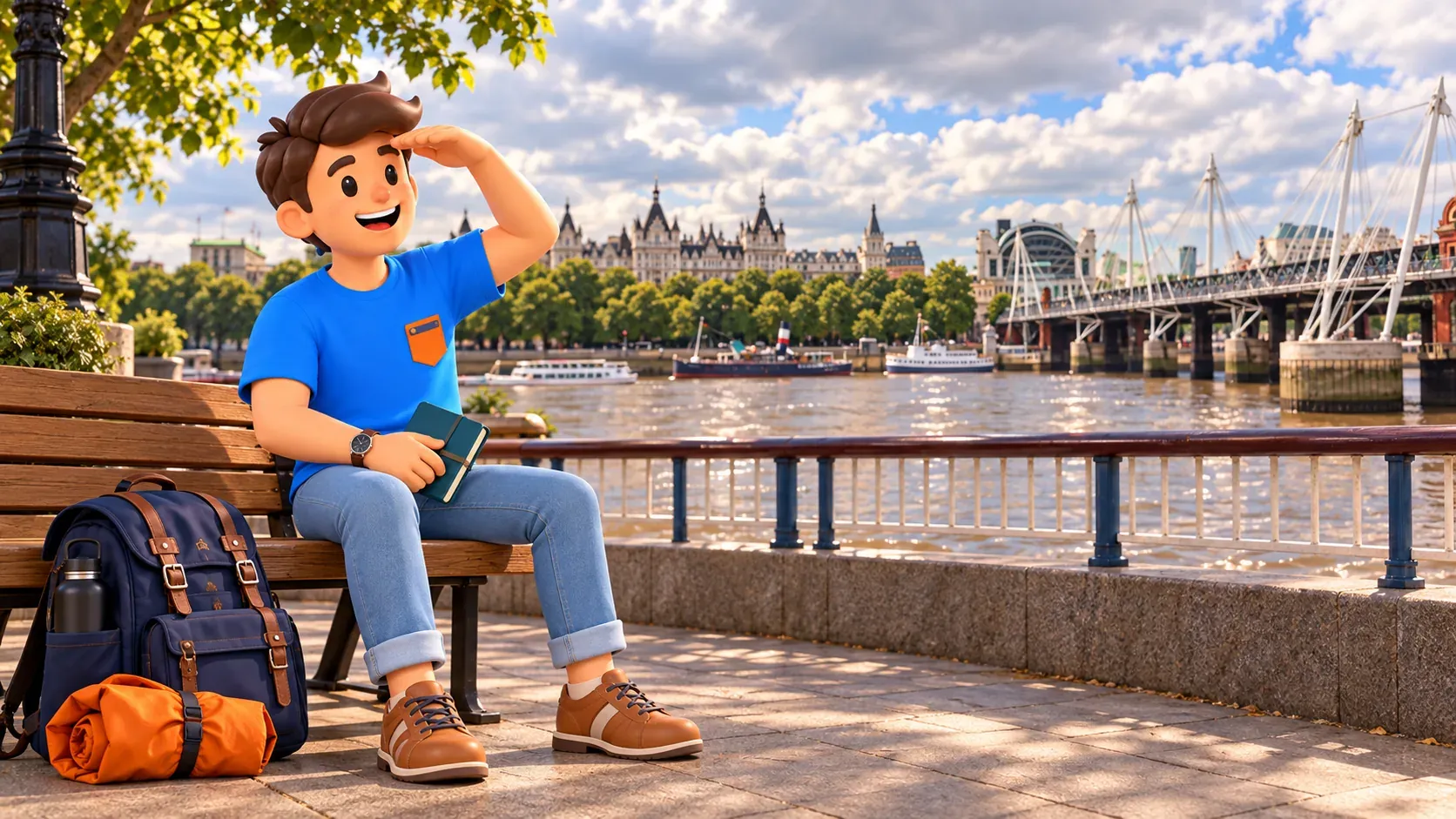Ilustración temática de una pausa junto al Támesis con vistas inspiradas en los puentes Hungerford y Golden Jubilee