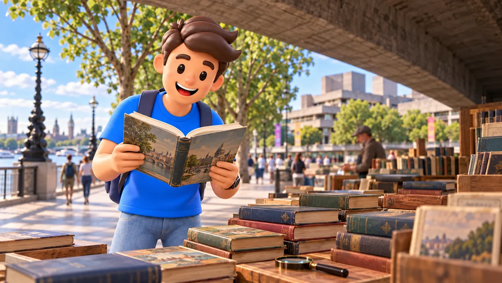 Ilustración temática de un viajero con un libro ante un puesto imaginario bajo Waterloo Bridge