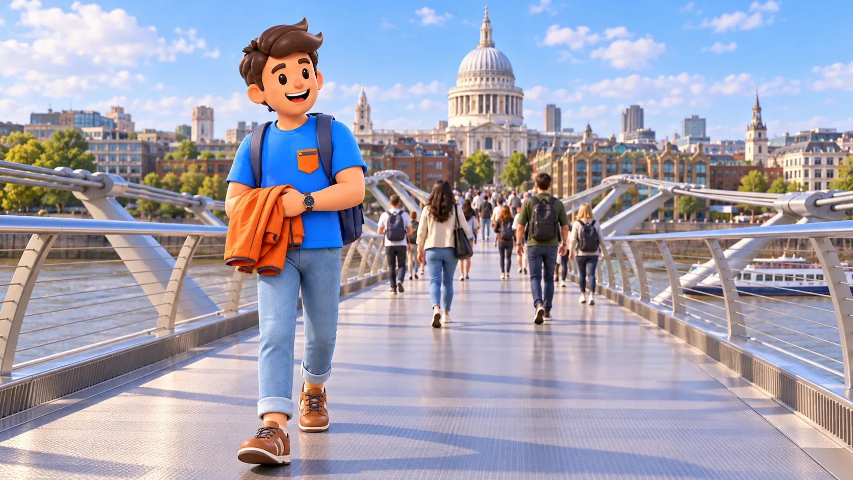 Ilustración temática de un viajero con una chaqueta en el Millennium Bridge mirando hacia San Pablo