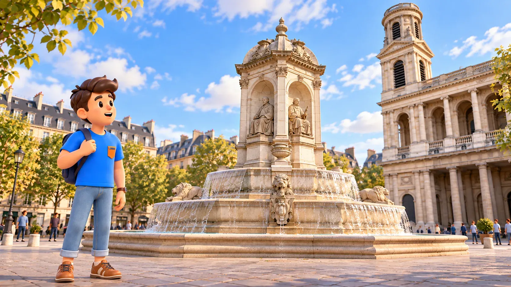 Ein Reisender betrachtet den Brunnen am Place Saint-Sulpice