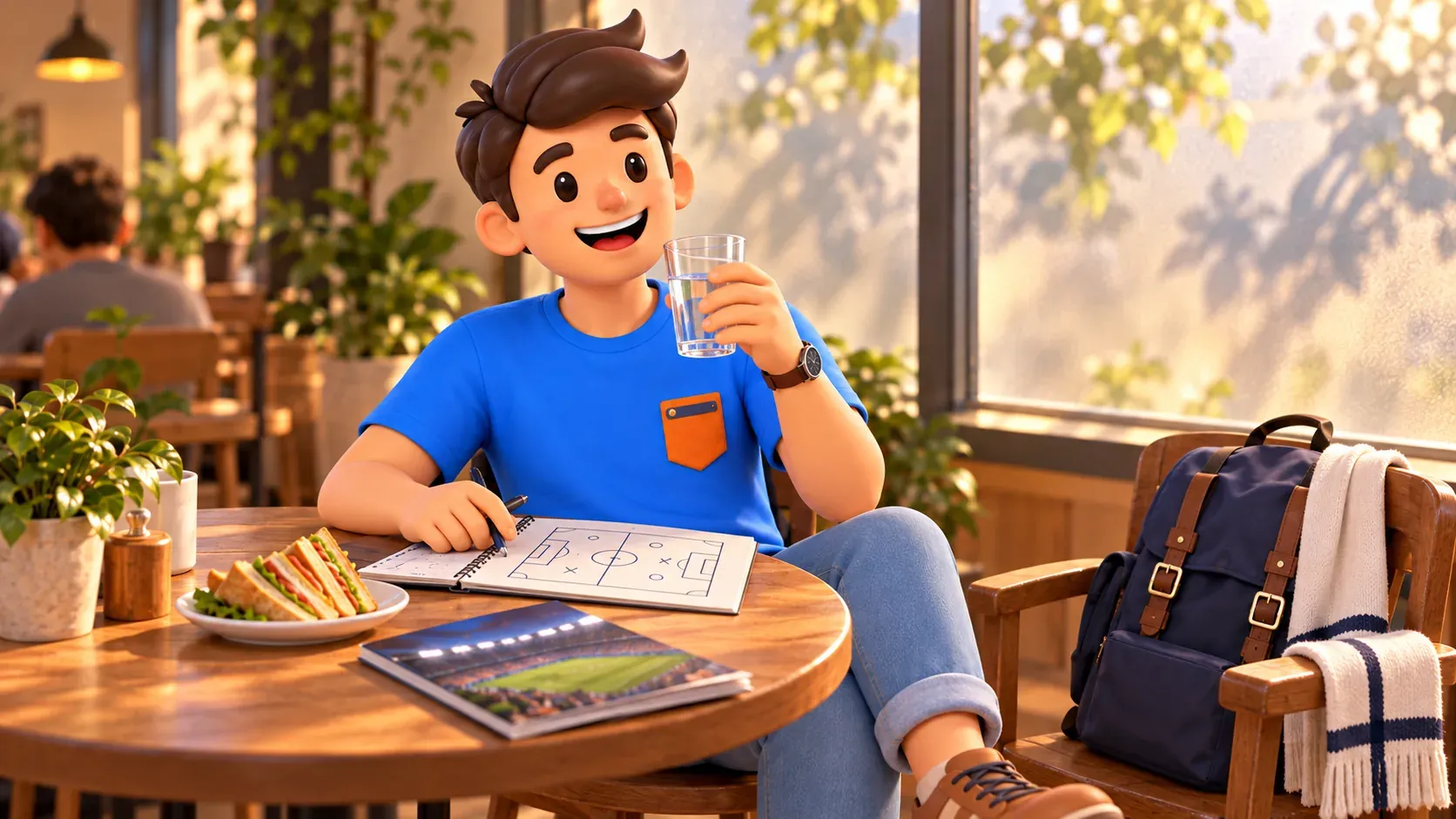 Pausa conceptual en un café con notas de fútbol, sin establecimiento concreto