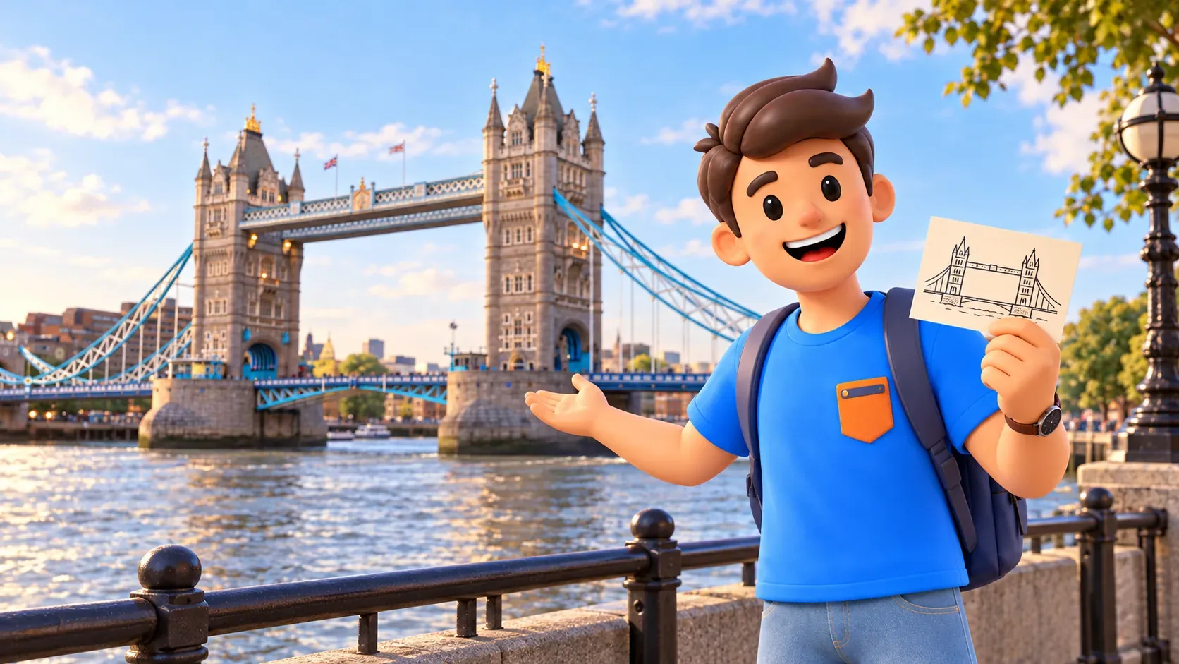 Thematische Illustration eines Reisenden mit Postkarte vor der Tower Bridge
