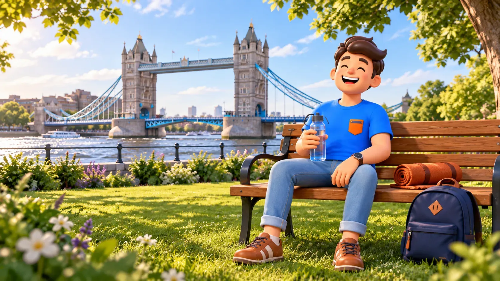 Illustration eines Reisenden auf einer Bank in einer erfundenen Parksituation an der Tower Bridge