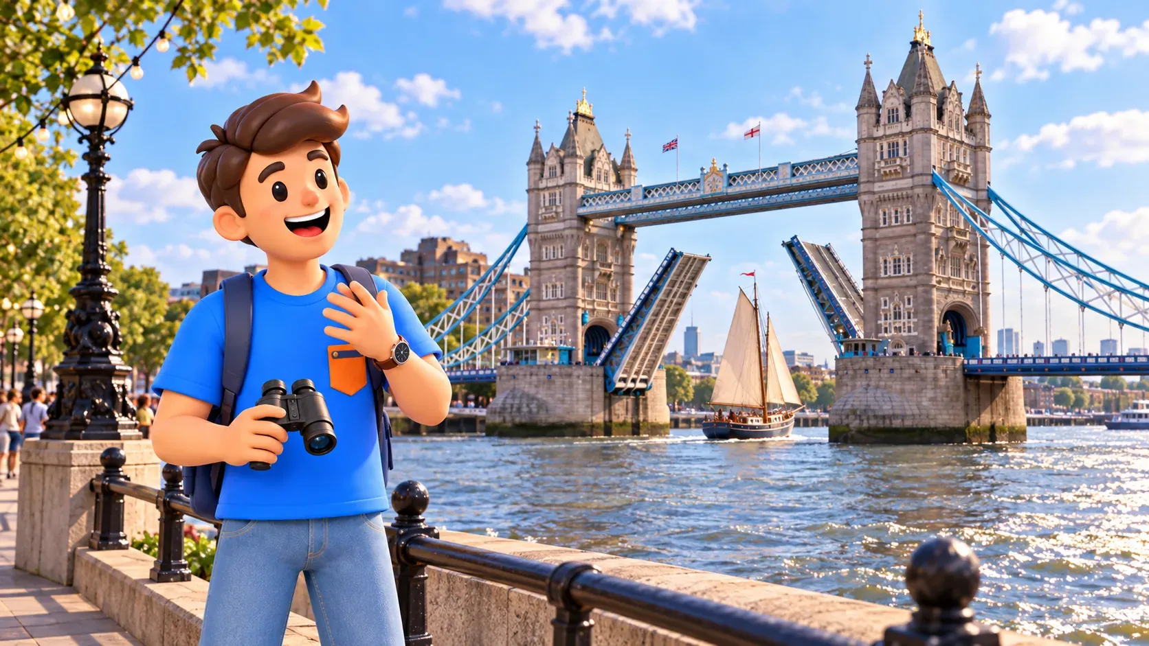 Thematische Illustration einer möglichen Öffnung der Tower Bridge mit Reisendem und Segelboot