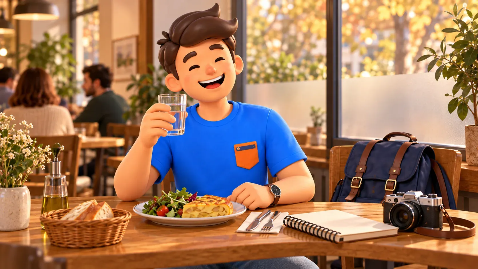 Symbolische Mittagspause mit Tortilla und Wasser, kein bestimmtes Café oder Gratisangebot