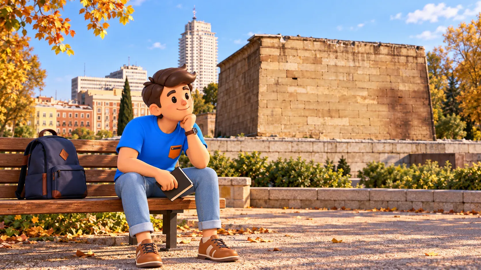 Illustration einer Pause an der Rückseite des Debod-Tempels; Bankstandort symbolisch