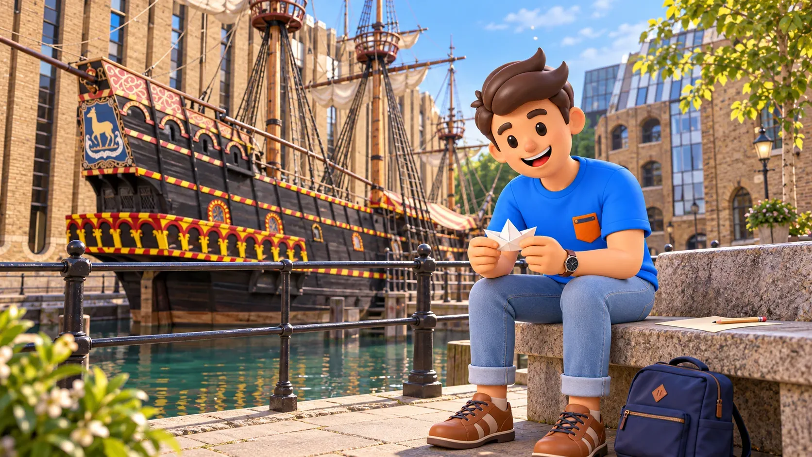 Illustration eines Reisenden mit Papierboot in einer erfundenen Szene am Nachbau der Golden Hinde