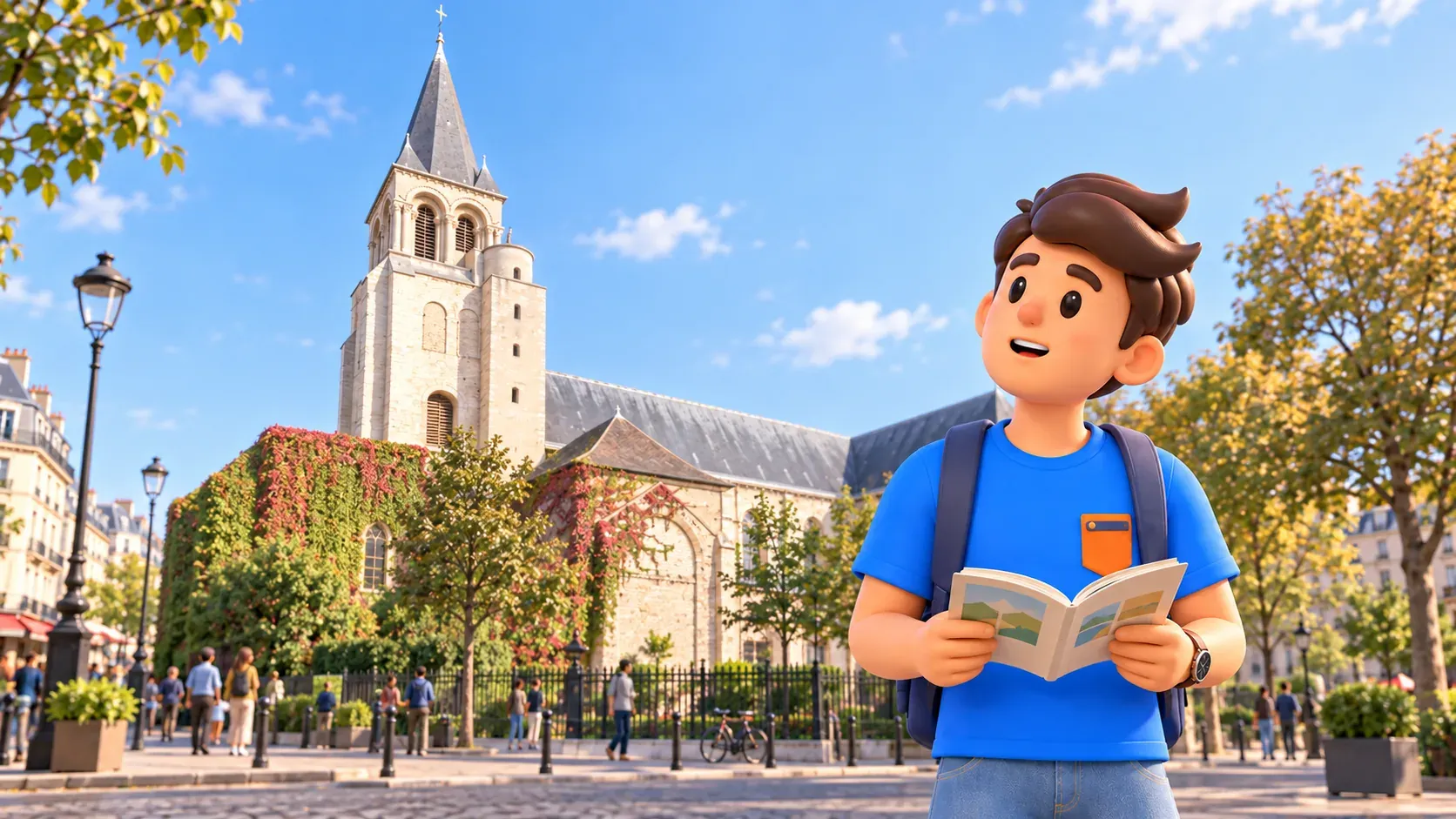 Ein Reisender mit Reiseführer betrachtet den Turm von Saint-Germain-des-Prés